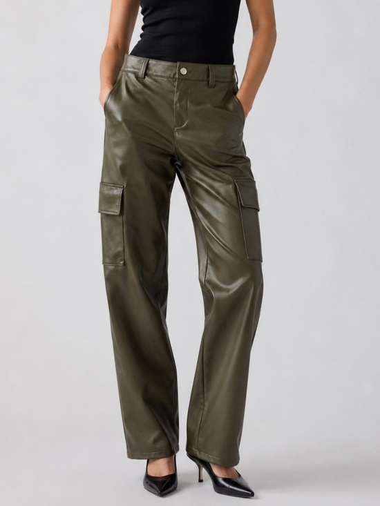 Zara Pants - Zara Faux Leather Cargo Pants In Olive Green